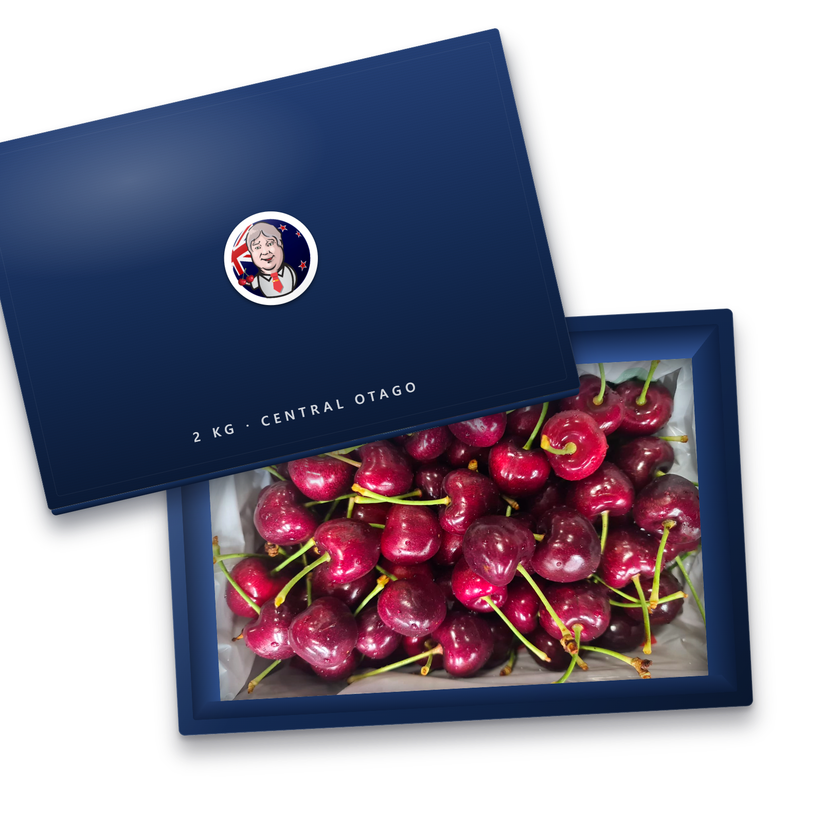 Mr. Henry Cherries 2kg box of fresh Central Otago cherries, lid open